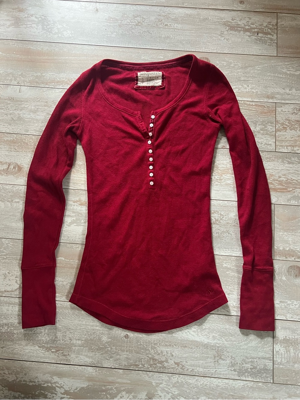 Aeropostale Burgundy Henley Waffle Long Sleeve Top